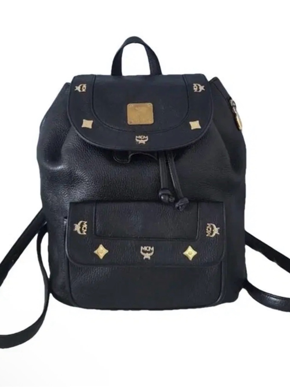MCM Vintage Black Leather Logo Drawstring Backpack